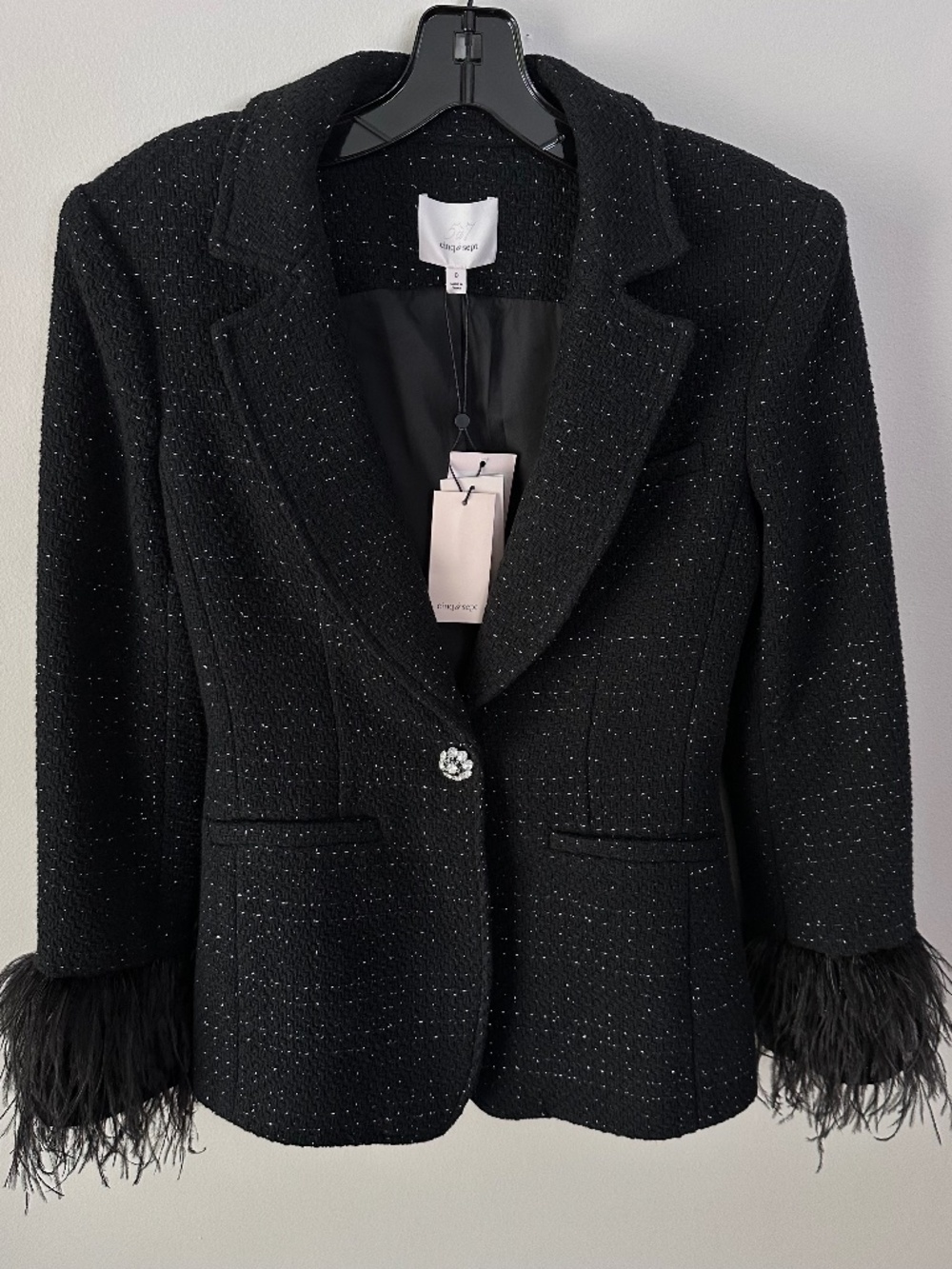 cinq a sept Black Tweed Karlie Blazer with Feather Cuffs and Crystal Button